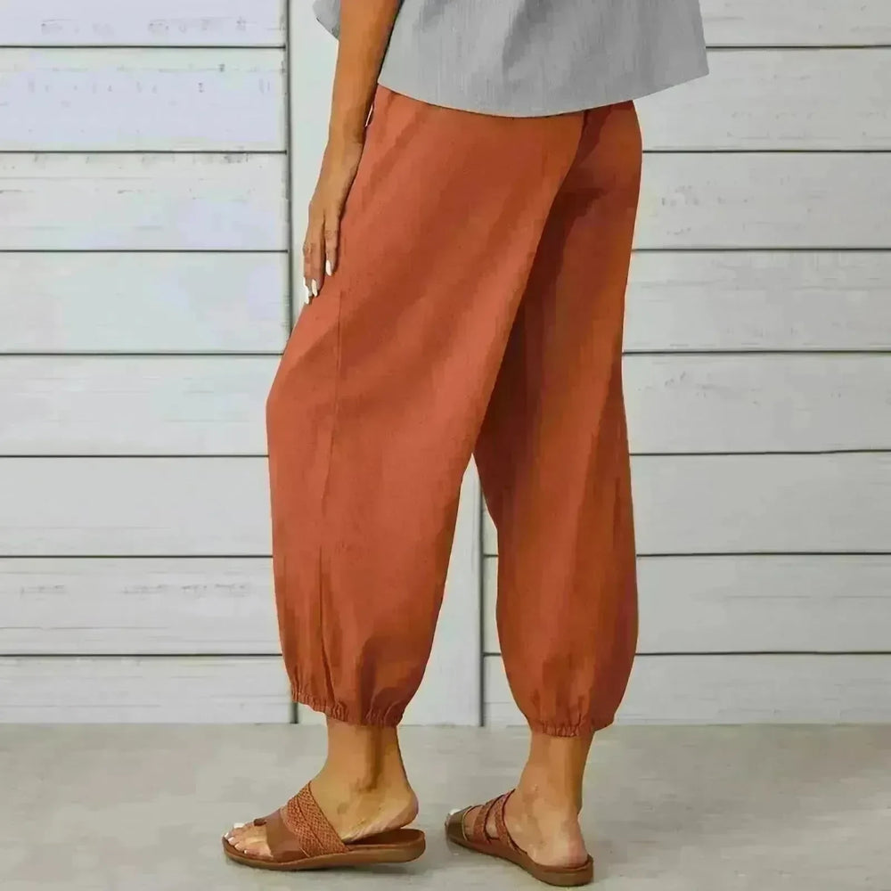 Women Drawstring Tie Pants Spring Summer Cotton And Linen Trousers With Pockets Button - EX-STOCK CANADA