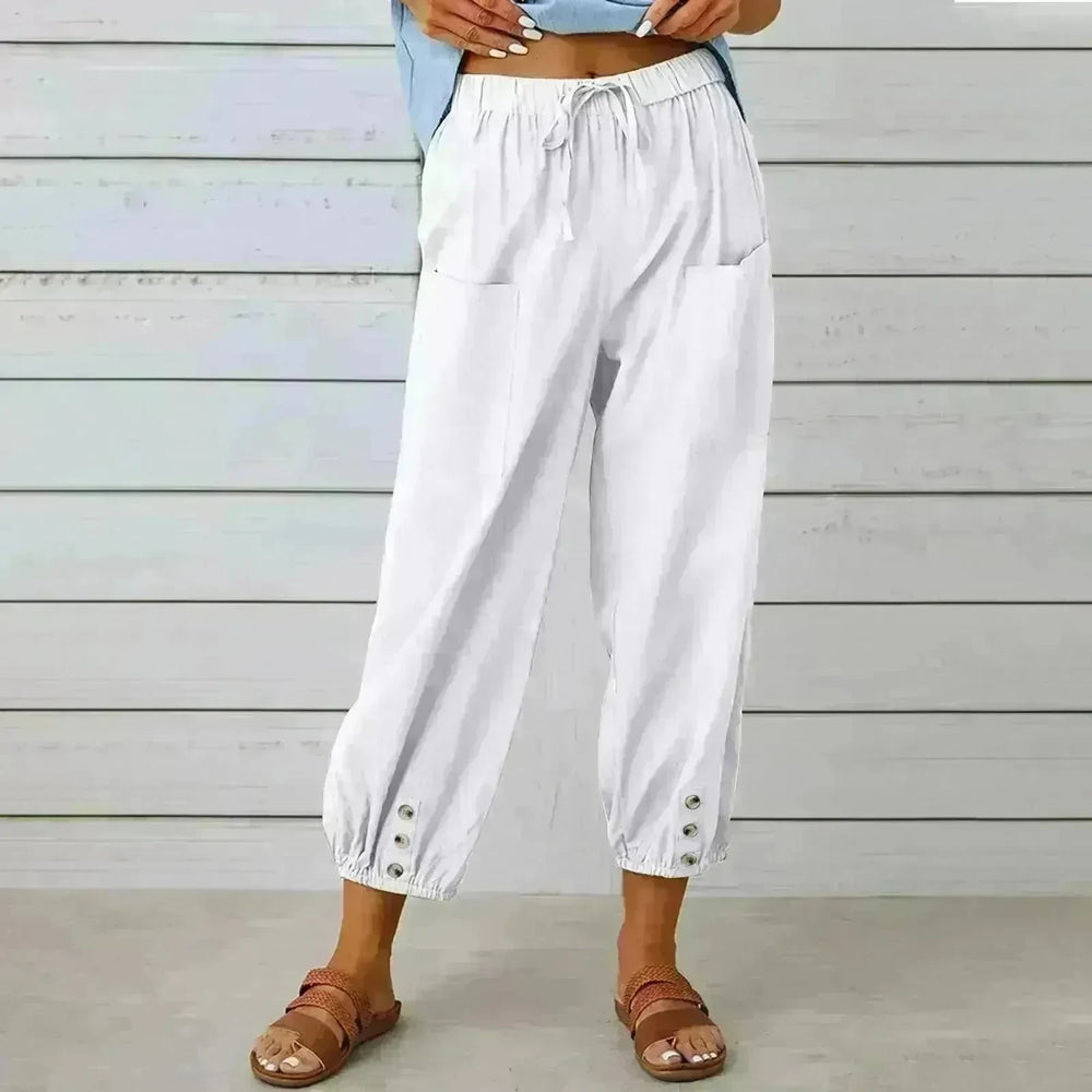 Women Drawstring Tie Pants Spring Summer Cotton And Linen Trousers With Pockets Button - EX-STOCK CANADA