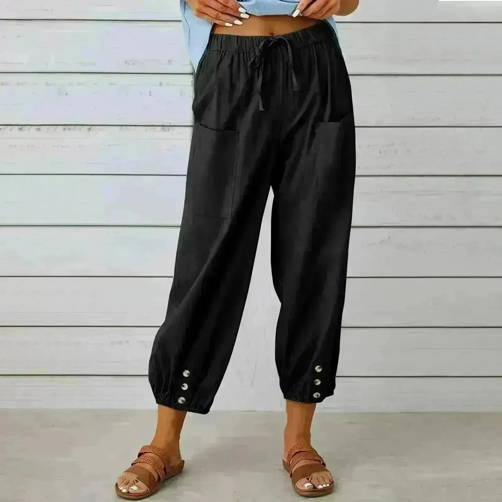 Women Drawstring Tie Pants Spring Summer Cotton And Linen Trousers With Pockets Button - EX-STOCK CANADA