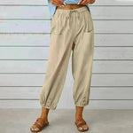 Women Drawstring Tie Pants Spring Summer Cotton And Linen Trousers With Pockets Button - EX-STOCK CANADA