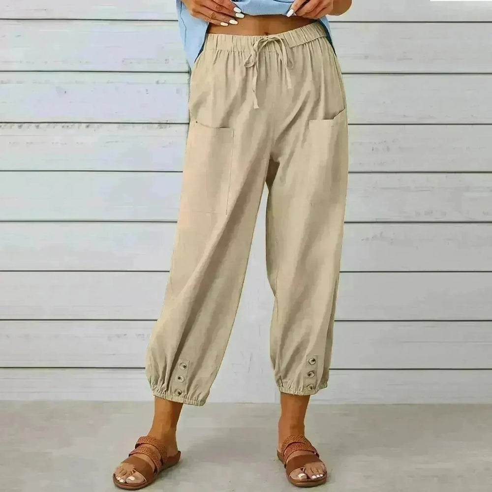 Women Drawstring Tie Pants Spring Summer Cotton And Linen Trousers With Pockets Button - EX-STOCK CANADA