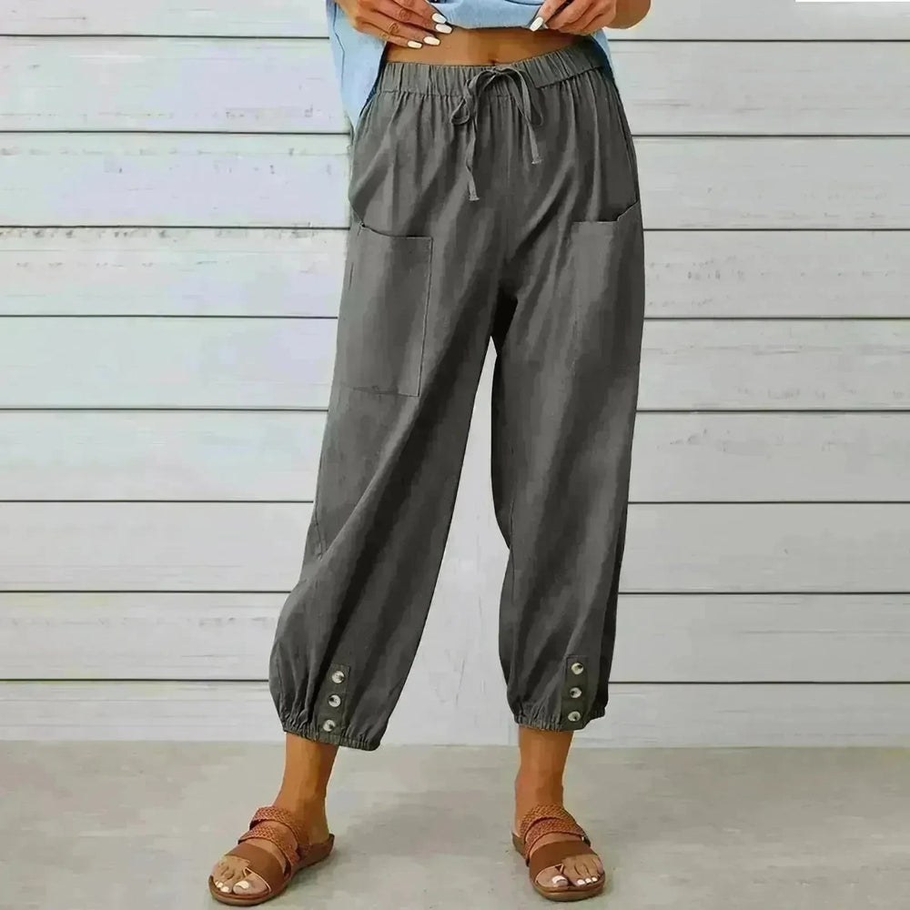 Women Drawstring Tie Pants Spring Summer Cotton And Linen Trousers With Pockets Button - EX-STOCK CANADA