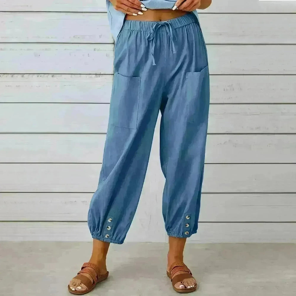 Women Drawstring Tie Pants Spring Summer Cotton And Linen Trousers With Pockets Button - EX-STOCK CANADA