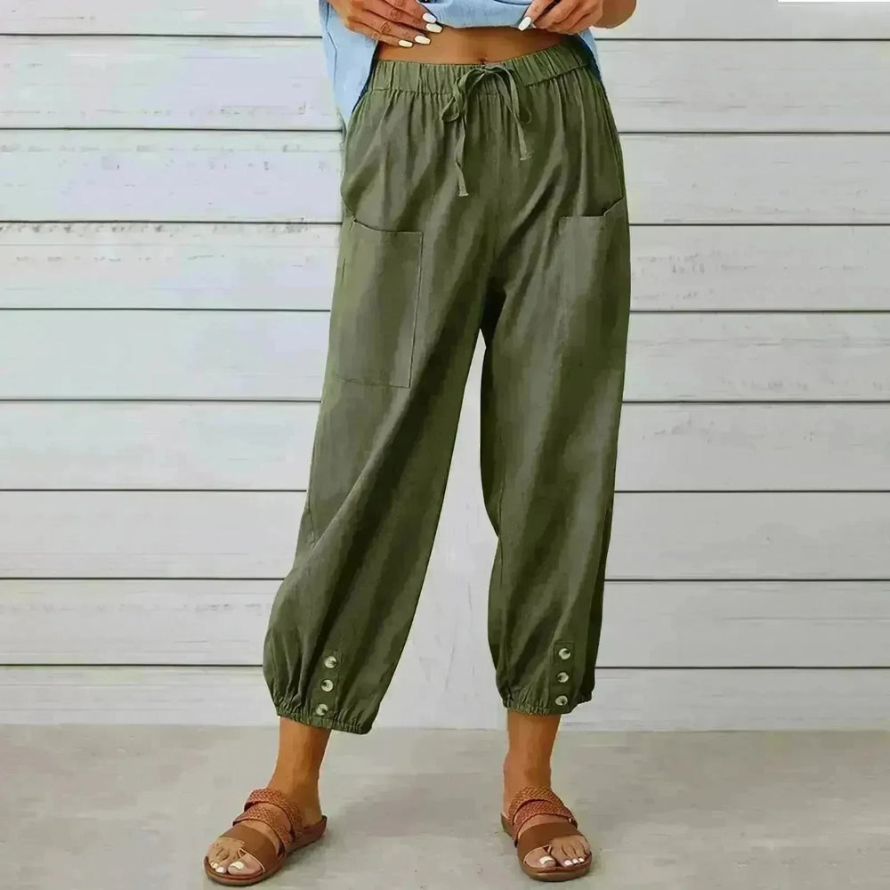 Women Drawstring Tie Pants Spring Summer Cotton And Linen Trousers With Pockets Button - EX-STOCK CANADA