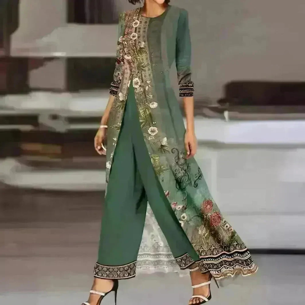 Women Dress Two-piece Emerald Long Style Long Sleeve Printing - EX-STOCK CANADA
