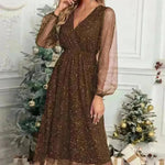 Women Fashion Stitching Mesh V-Neck Midi Dress - EX-STOCK CANADA