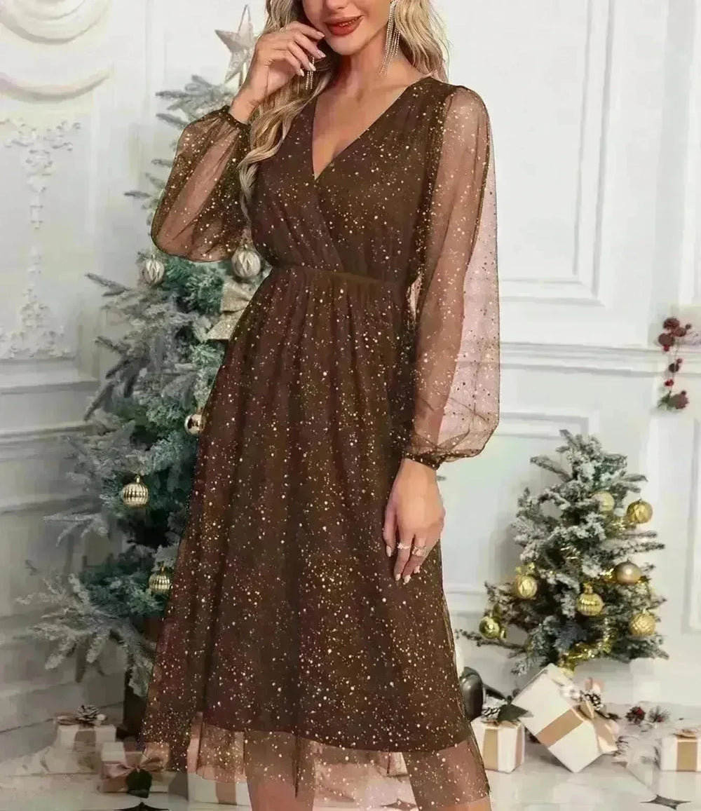 Women Fashion Stitching Mesh V-Neck Midi Dress - EX-STOCK CANADA