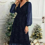 Women Fashion Stitching Mesh V-Neck Midi Dress - EX-STOCK CANADA
