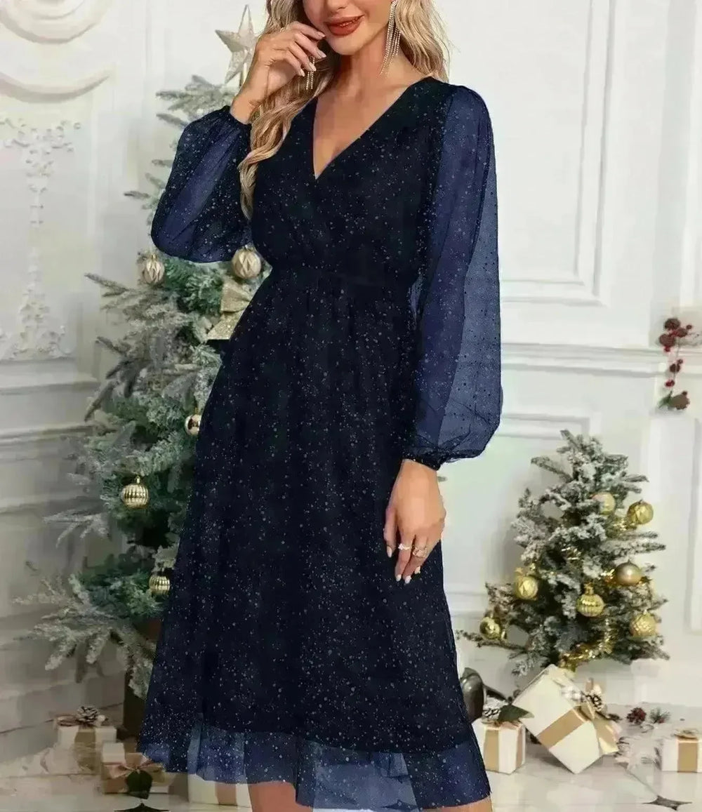 Women Fashion Stitching Mesh V-Neck Midi Dress - EX-STOCK CANADA
