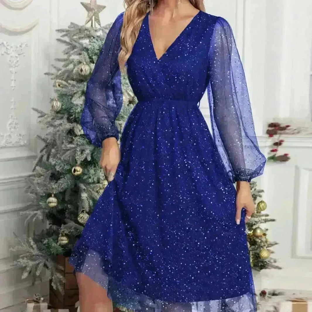 Women Fashion Stitching Mesh V-Neck Midi Dress - EX-STOCK CANADA
