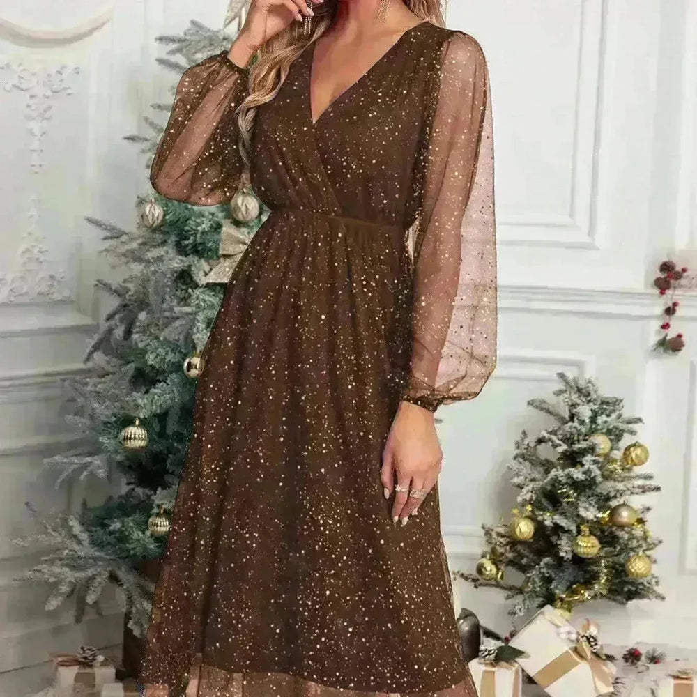 Women Fashion Stitching Mesh V-Neck Midi Dress - EX-STOCK CANADA
