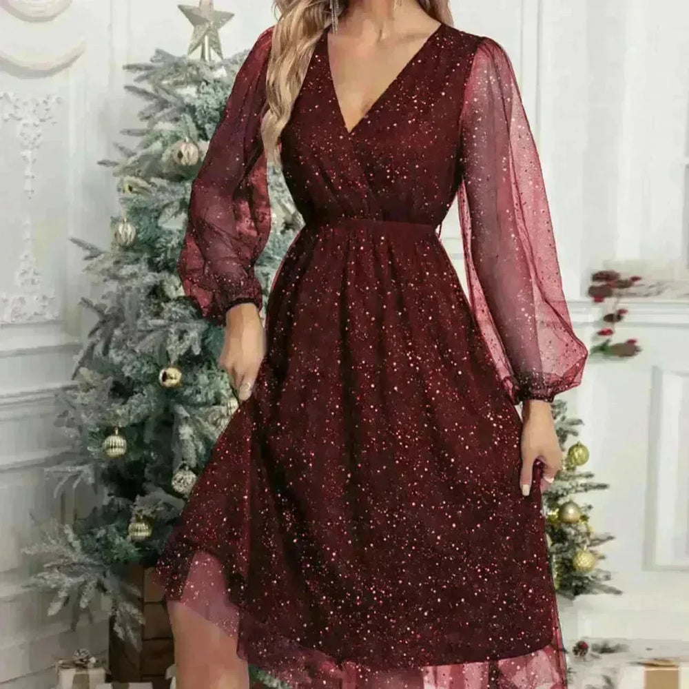 Women Fashion Stitching Mesh V-Neck Midi Dress - EX-STOCK CANADA