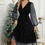 Women Fashion Stitching Mesh V-Neck Midi Dress - EX-STOCK CANADA