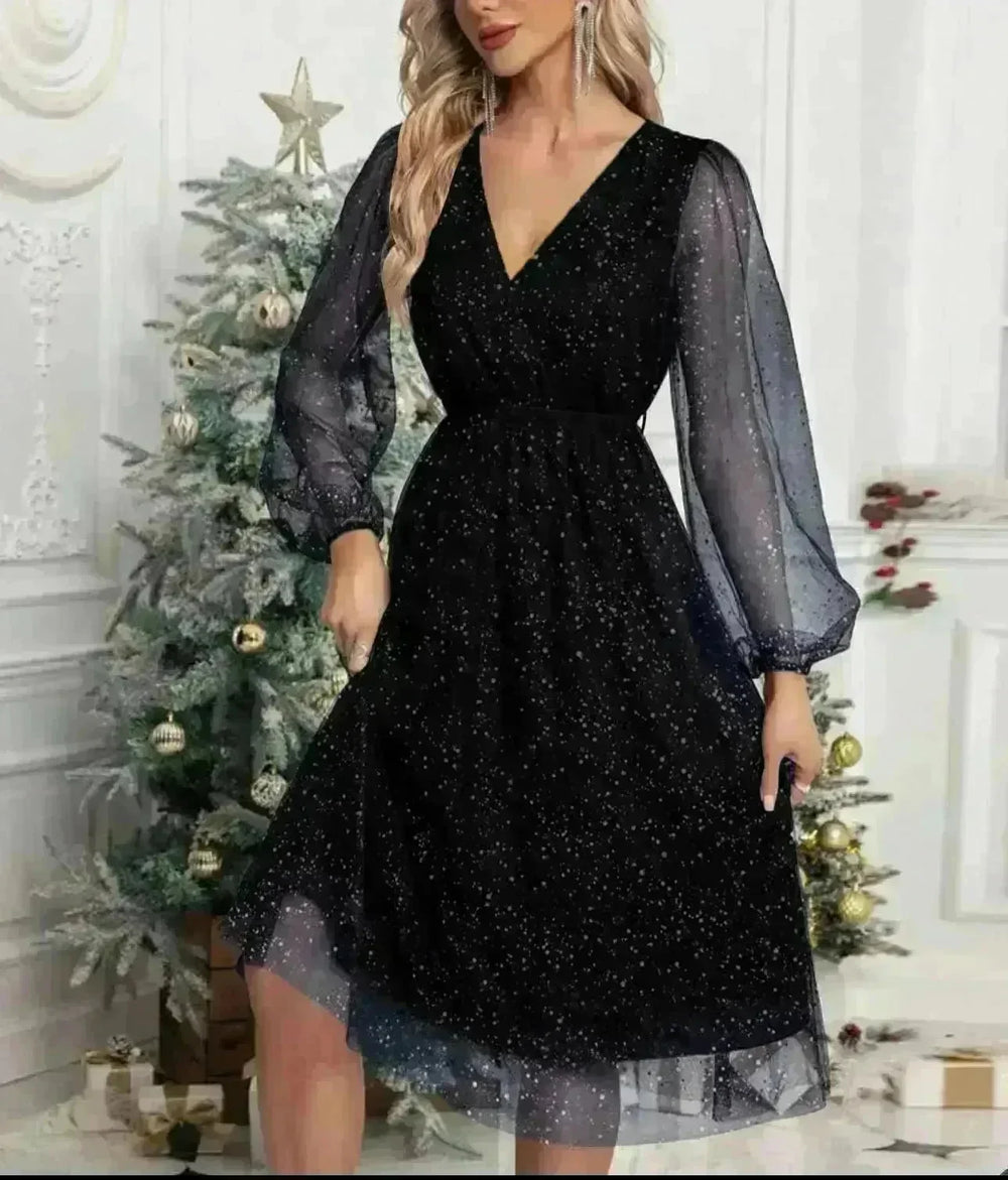 Women Fashion Stitching Mesh V-Neck Midi Dress - EX-STOCK CANADA