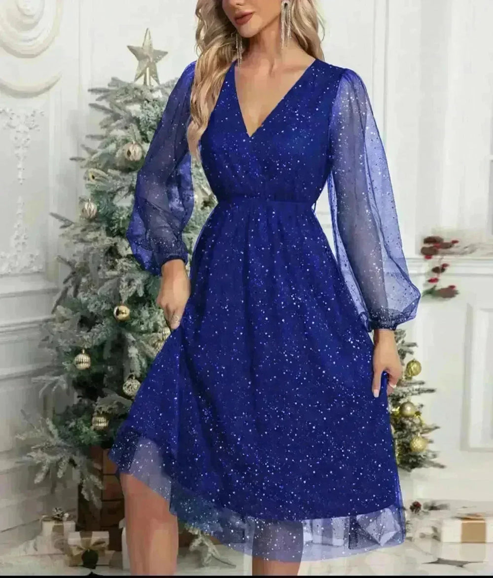 Women Fashion Stitching Mesh V-Neck Midi Dress - EX-STOCK CANADA