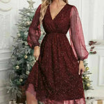 Women Fashion Stitching Mesh V-Neck Midi Dress - EX-STOCK CANADA