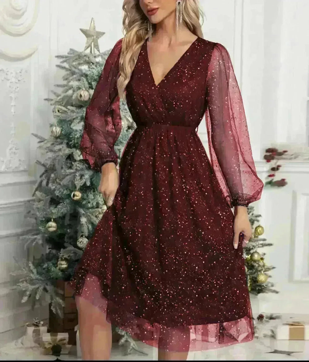 Women Fashion Stitching Mesh V-Neck Midi Dress - EX-STOCK CANADA