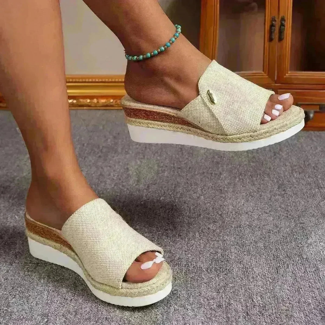 Women Fashionable Denim Canvas Summer Outdoor Hemp High Heel Slippers - EX-STOCK CANADA