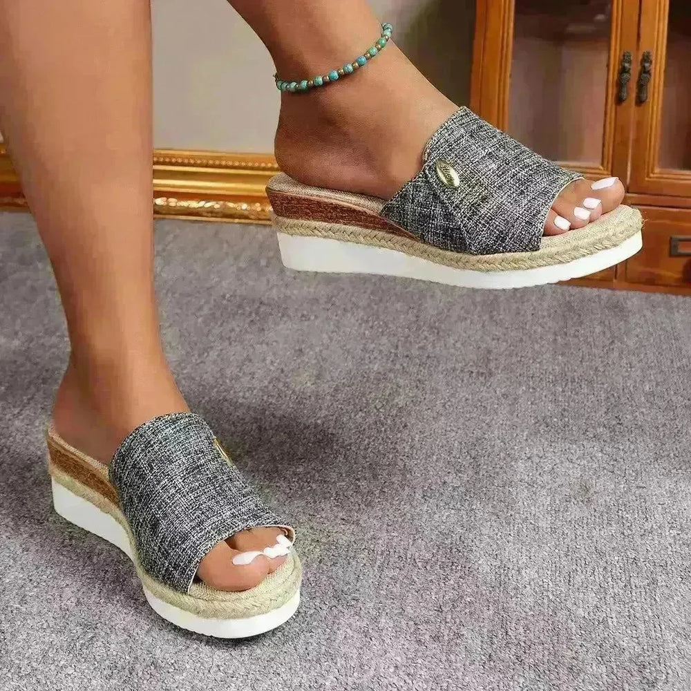 Women Fashionable Denim Canvas Summer Outdoor Hemp High Heel Slippers - EX-STOCK CANADA