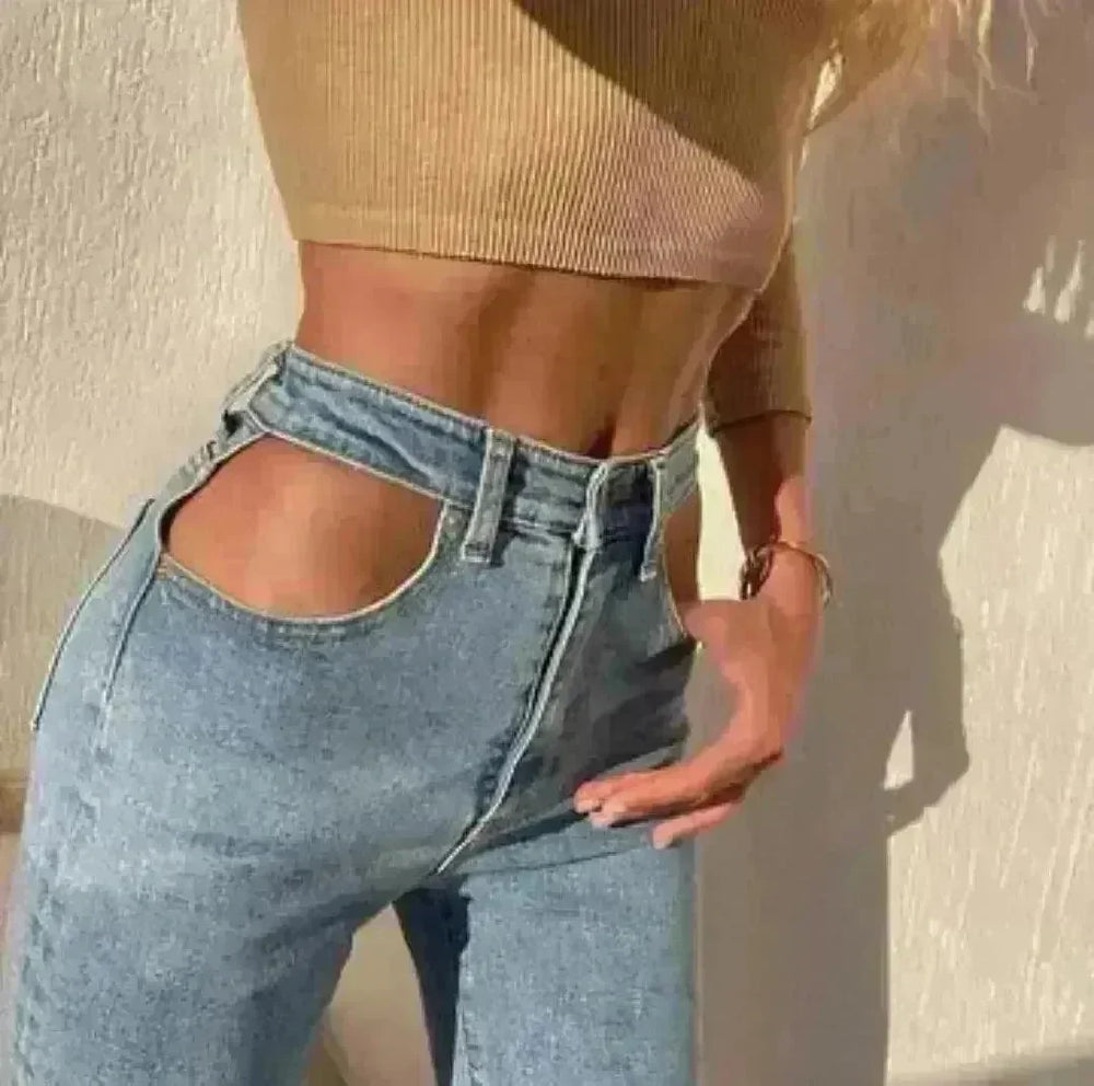 Women High Waist Loose Fit Blue Wash Casual Denim Trousers - EX-STOCK CANADA