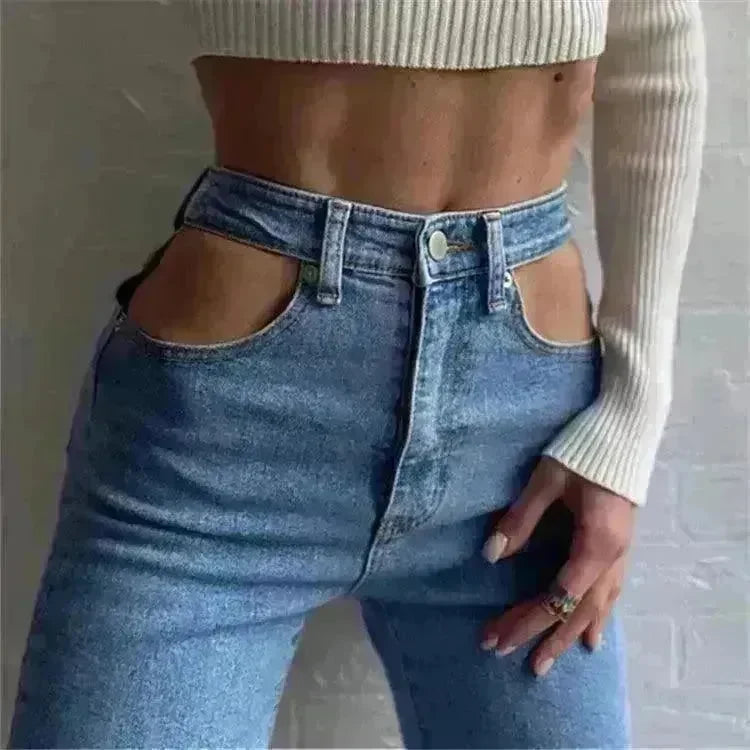Women High Waist Loose Fit Blue Wash Casual Denim Trousers - EX-STOCK CANADA