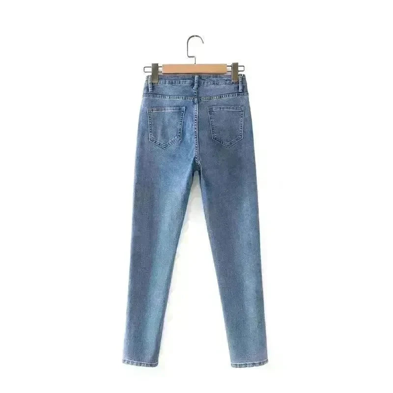 Women High Waist Loose Fit Blue Wash Casual Denim Trousers - EX-STOCK CANADA