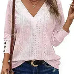 Women's Casual V-neck Long Sleeved Lace Casual Embroidered Shirt top - EX-STOCK CANADA