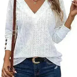Women's Casual V-neck Long Sleeved Lace Casual Embroidered Shirt top - EX-STOCK CANADA