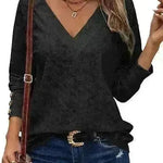 Women's Casual V-neck Long Sleeved Lace Casual Embroidered Shirt top - EX-STOCK CANADA