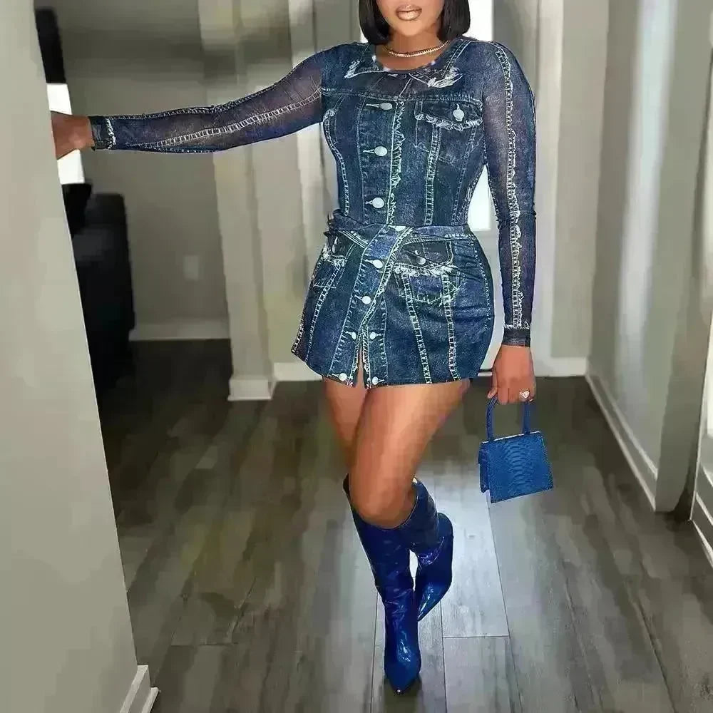 Women's Denim-like Printed Long-sleeved Jumpsuit - EX-STOCK CANADA