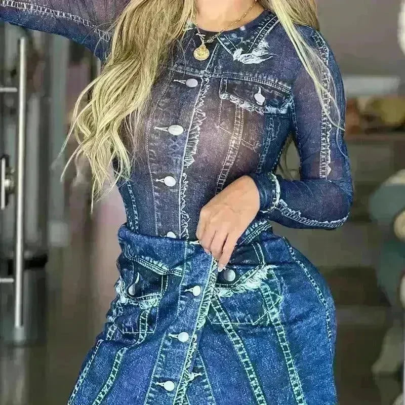 Women's Denim-like Printed Long-sleeved Jumpsuit - EX-STOCK CANADA