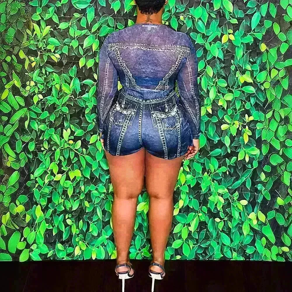 Women's Denim-like Printed Long-sleeved Jumpsuit - EX-STOCK CANADA