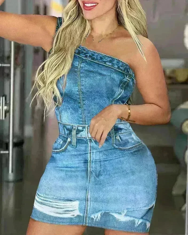 Women's Denim-like Printed Long-sleeved Jumpsuit - EX-STOCK CANADA