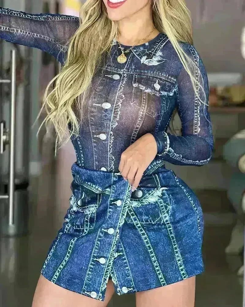 Women's Denim-like Printed Long-sleeved Jumpsuit - EX-STOCK CANADA