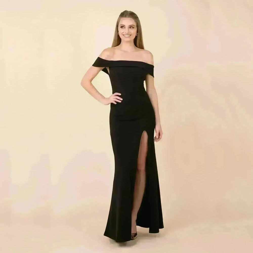 Women's Fashion Elegant Boat-neck formal slit bodycon Evening Gown Dress. - EX-STOCK CANADA