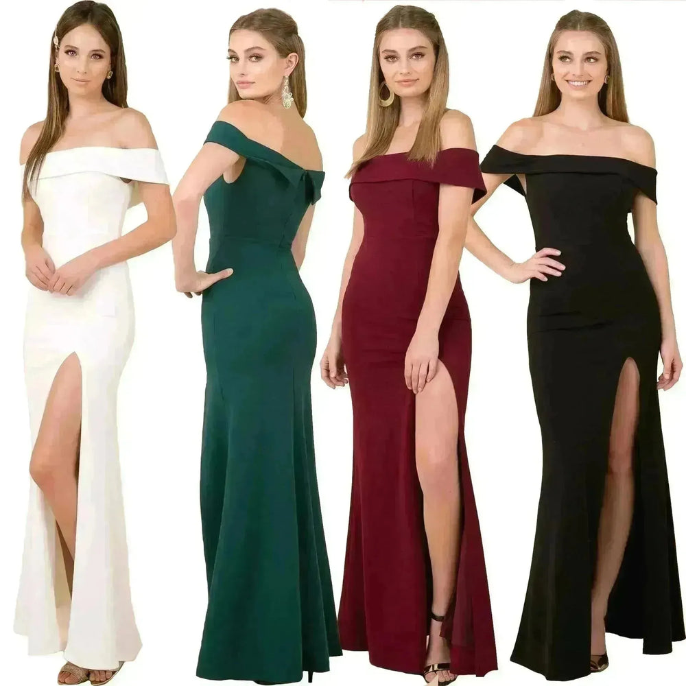 Women's Fashion Elegant Boat-neck formal slit bodycon Evening Gown Dress. - EX-STOCK CANADA