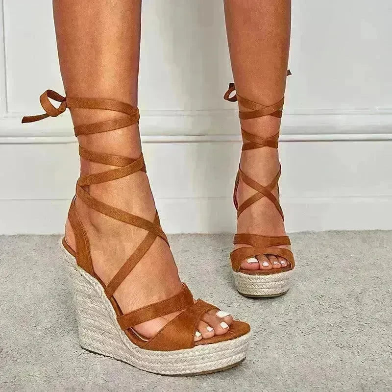 Women's Fashion Foam Bottom Heightening Cross Strappy Rope Tie Wedge Sandals - EX-STOCK CANADA