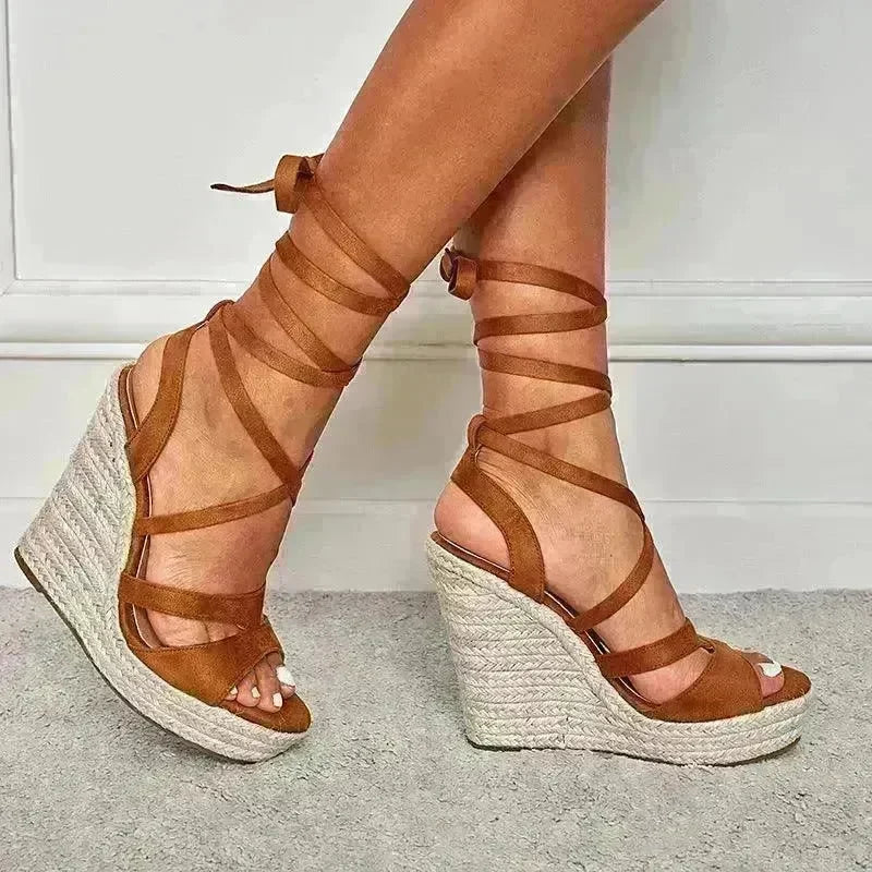 Women's Fashion Foam Bottom Heightening Cross Strappy Rope Tie Wedge Sandals - EX-STOCK CANADA