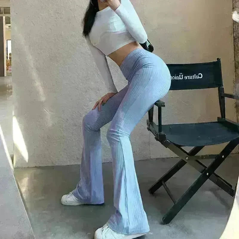 Women's Fashion Solid Color Tight-fitting High-waist Micro-cut Stretch Casual High rise Wide Leg Pant Trousers - EX-STOCK CANADA