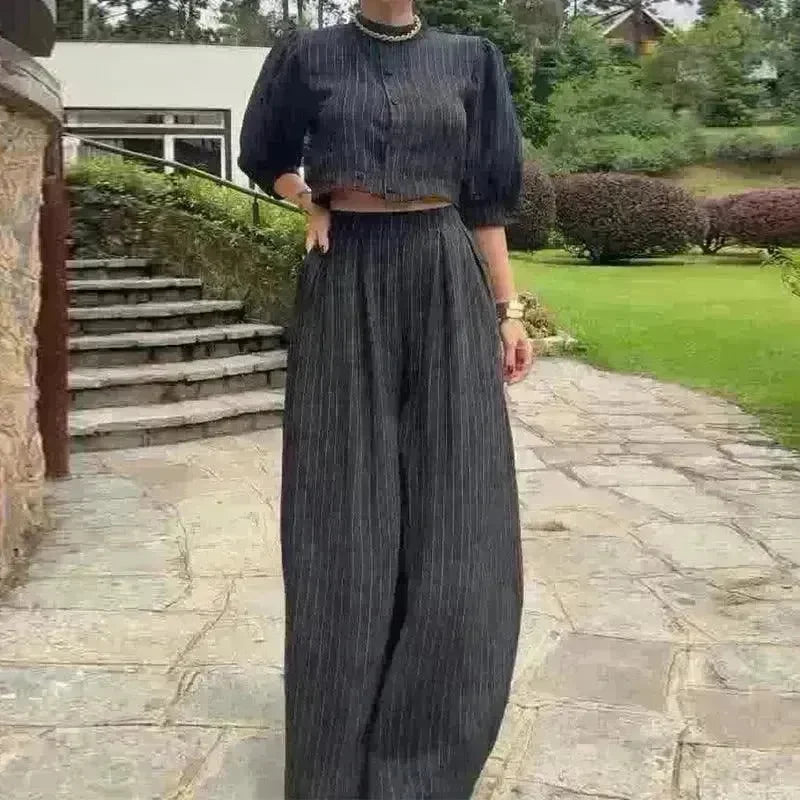 Women's Fashion Striped Printed Crew Neck Top Wide-leg Pants Two-piece Set - EX-STOCK CANADA