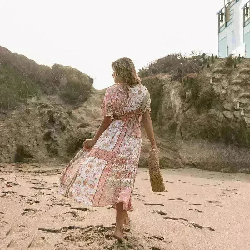 Women's Flowers Printed Dress Bohemian Irregular Beach Clothes - EX-STOCK CANADA