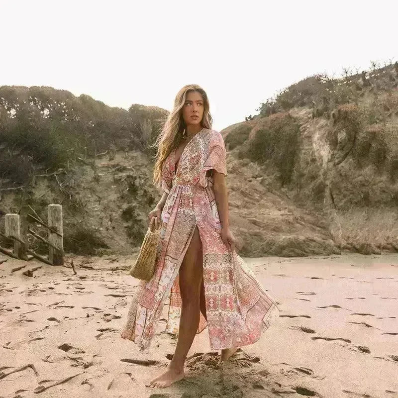 Women's Flowers Printed Dress Bohemian Irregular Beach Clothes - EX-STOCK CANADA