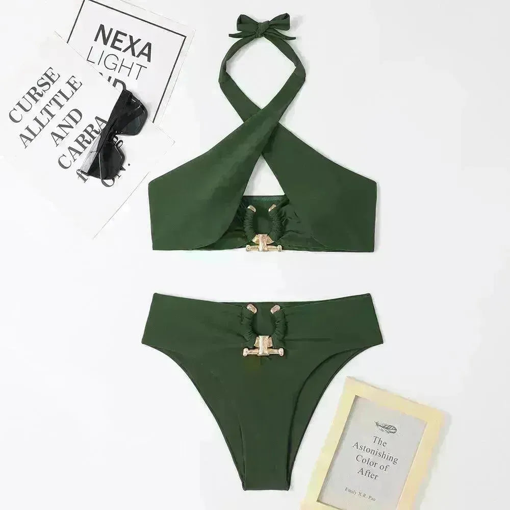 Women's High-Waist Briefs Swimsuit with Fashionable Split and Cross-Halterneck - EX-STOCK CANADA