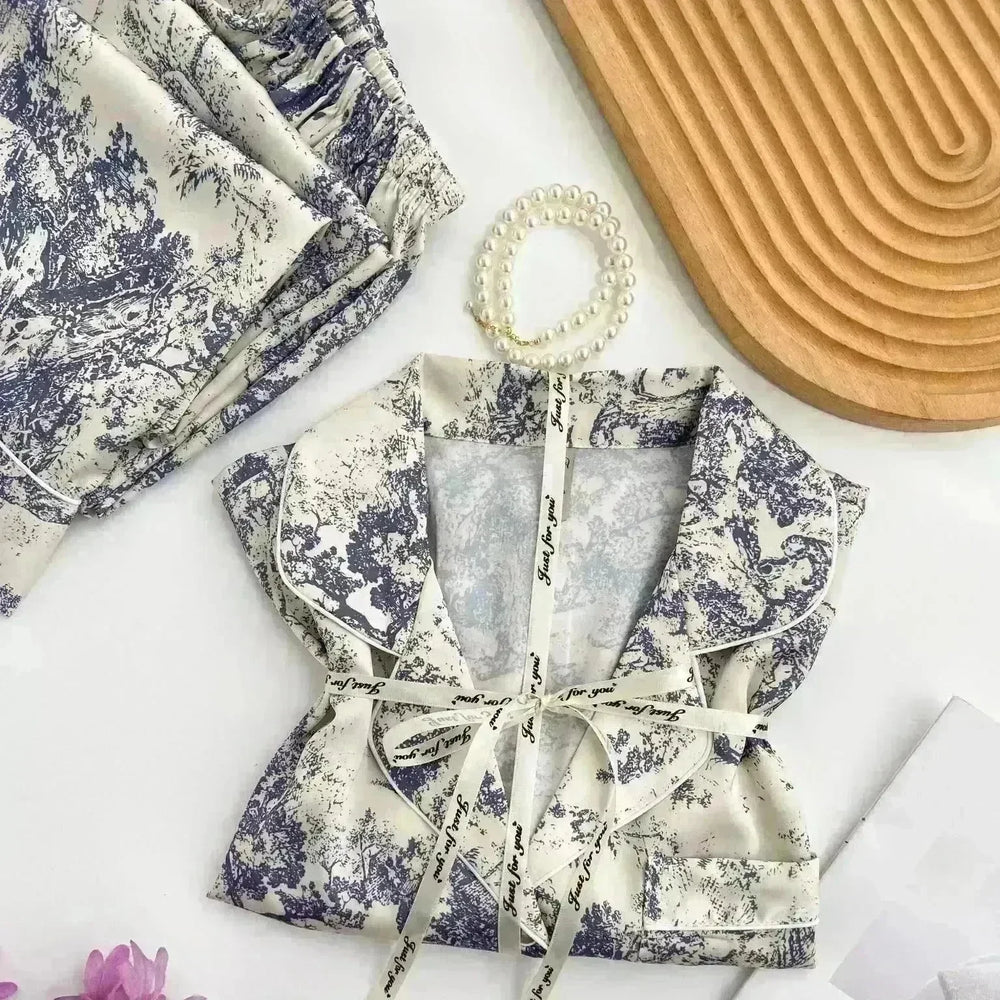 Women's Ice Silk Pajamas with New Ink Print Design: Long-Sleeved Homewear - EX-STOCK CANADA