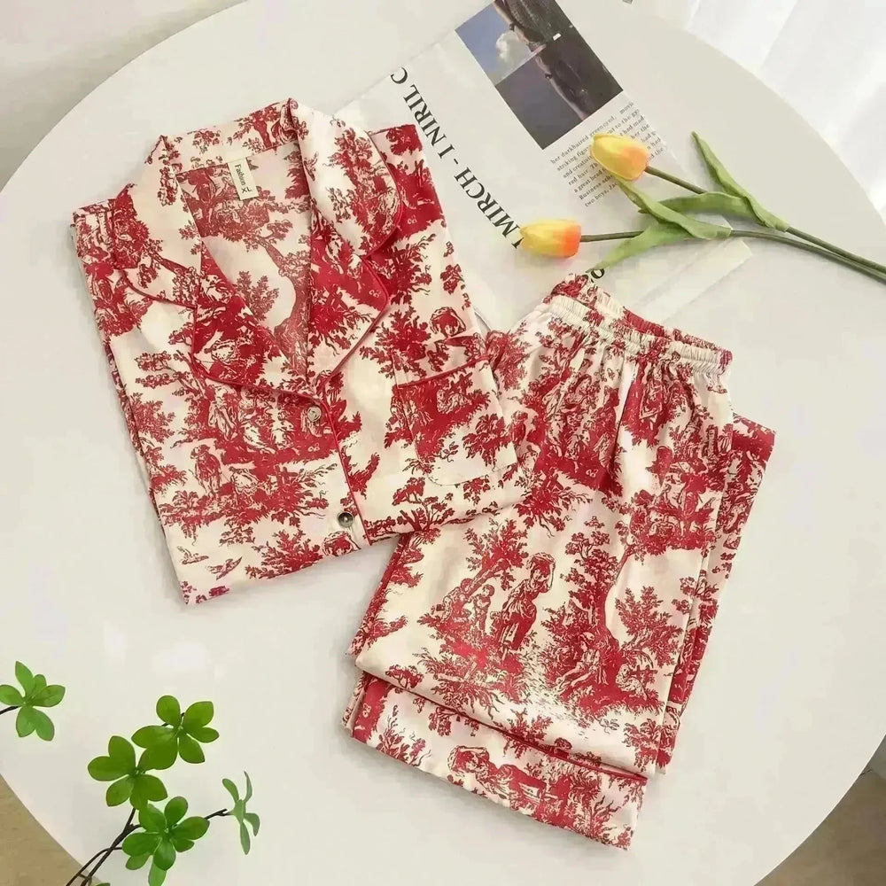 Women's Ice Silk Pajamas with New Ink Print Design: Long-Sleeved Homewear - EX-STOCK CANADA
