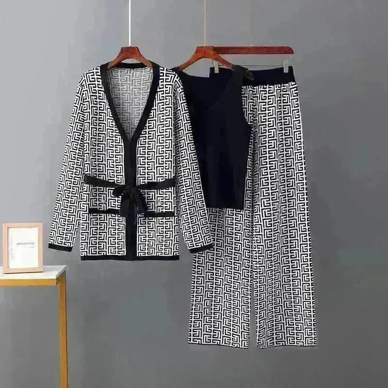 Women's Inverness V-neck Base Knitwear Wide-leg Trousers Three-piece Set - EX-STOCK CANADA