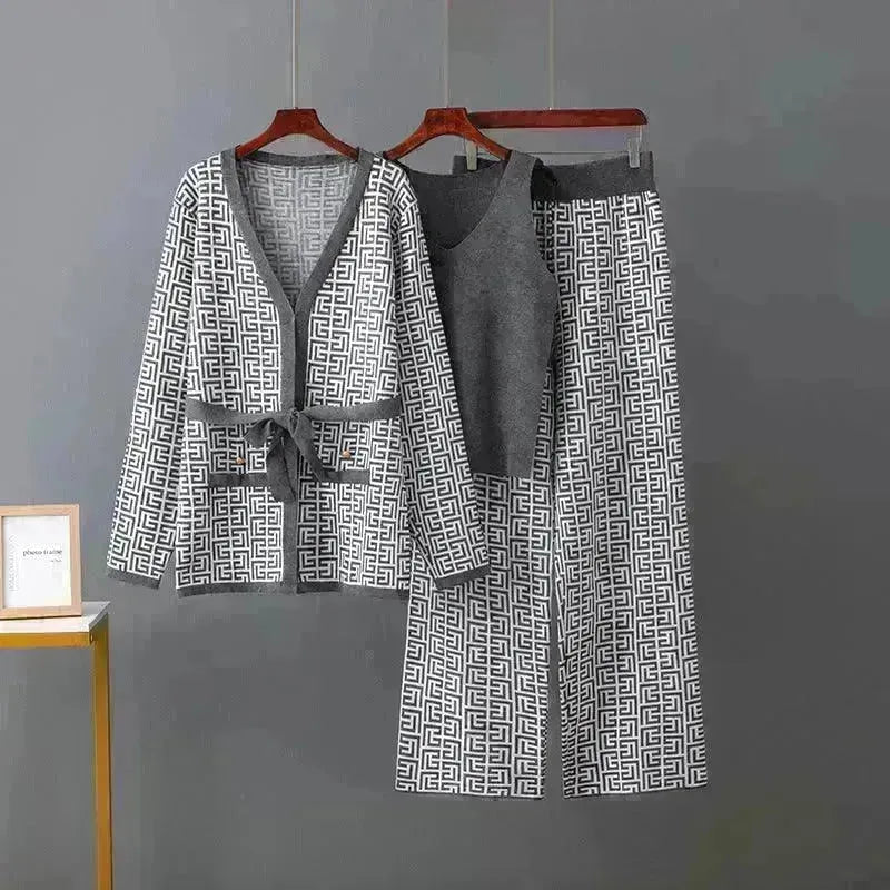 Women's Inverness V-neck Base Knitwear Wide-leg Trousers Three-piece Set - EX-STOCK CANADA