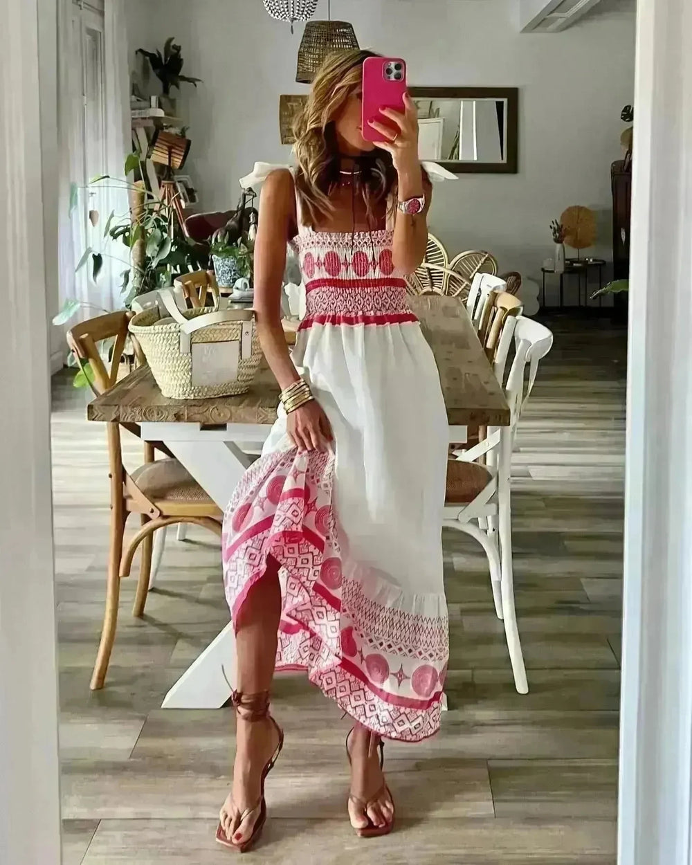 Women's Lace Up Printed Elastic Long Dress - EX-STOCK CANADA