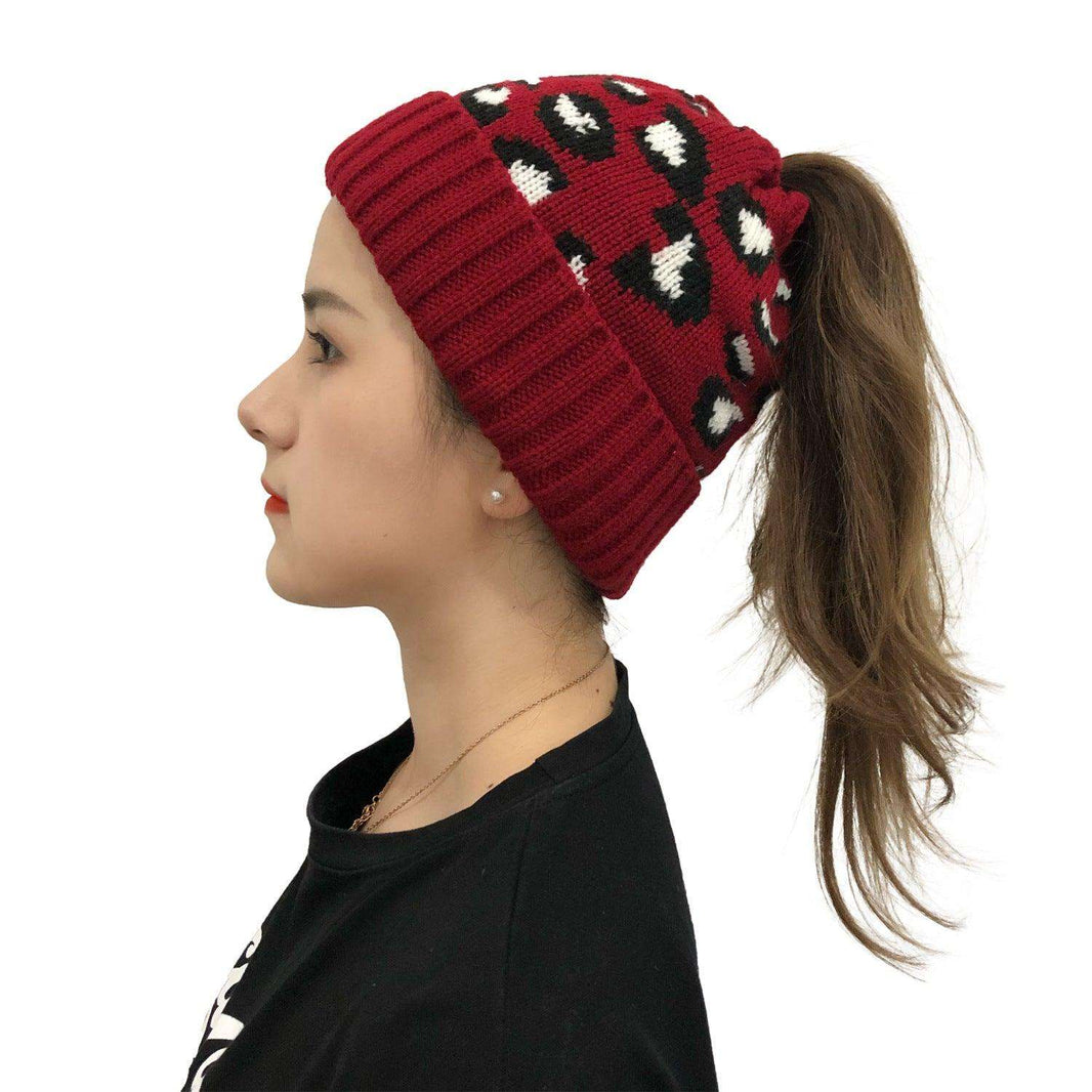 Women's Leopard Jacquard Ponytail Knitted Woolen Hat - EX-STOCK CANADA
