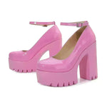 Women's New Thick Sole Shallow Mouth Round Toe Thick Heel Shoes Platform Heel Buckle Shoe Pink Shoe - EX-STOCK CANADA